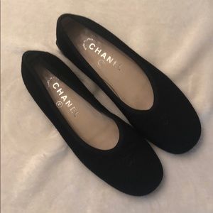Chanel flats. Wool with silk trim at the top.